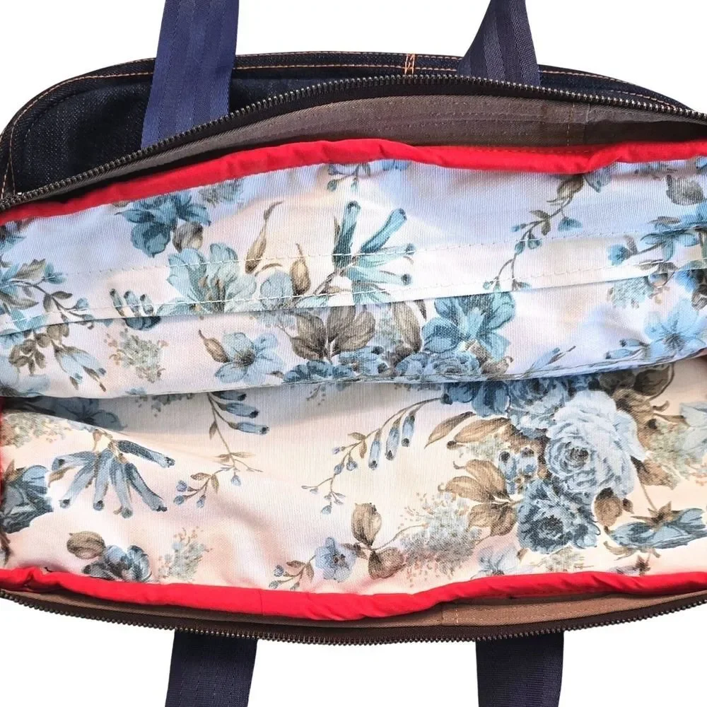 Handmade Upcycled Denim Laptop Bag 12x16 Floral Lined Jean Pocket Tote 1of1 Kind